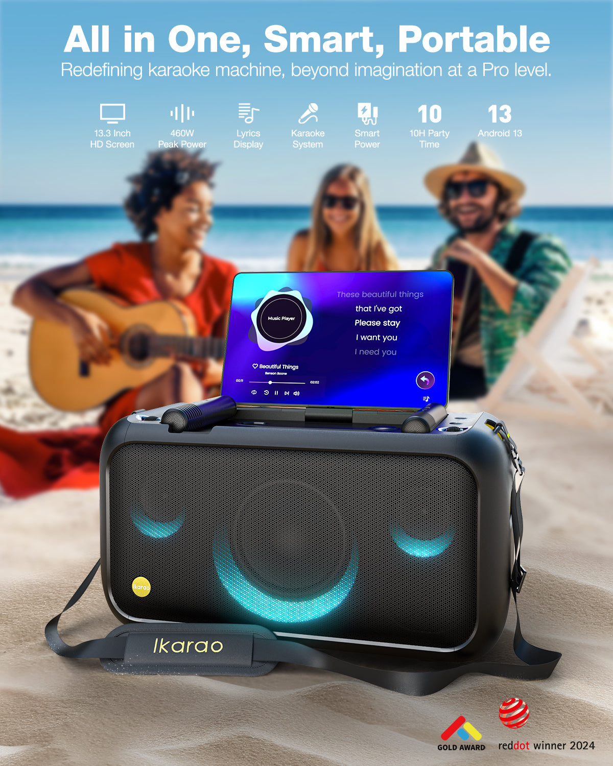 Ikarao Karaoke Machine for Adults, Built-in 13.3-inch Screen, Portable Bluetooth Speaker with 2 Wireless Mics for TV, Music Party