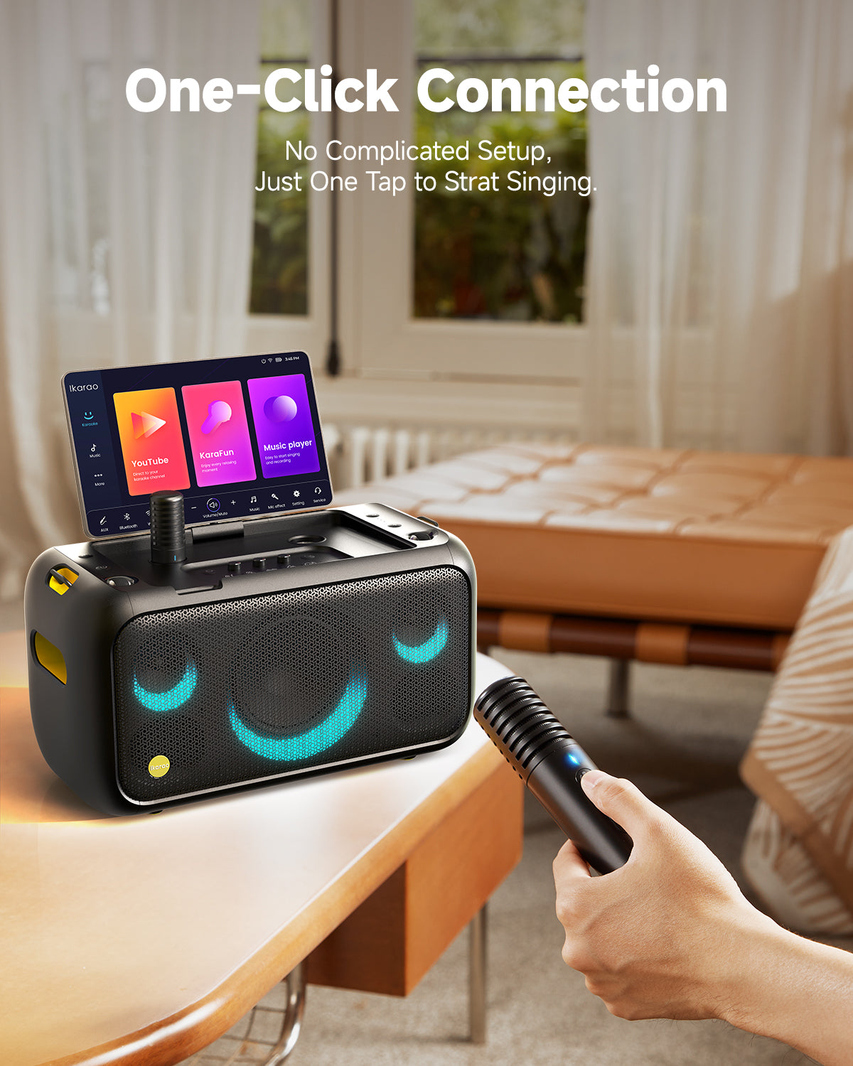 Ikarao Karaoke Machine for Adults, Built-in 13.3-inch Screen, Portable Bluetooth Speaker with 2 Wireless Mics for TV, Music Party