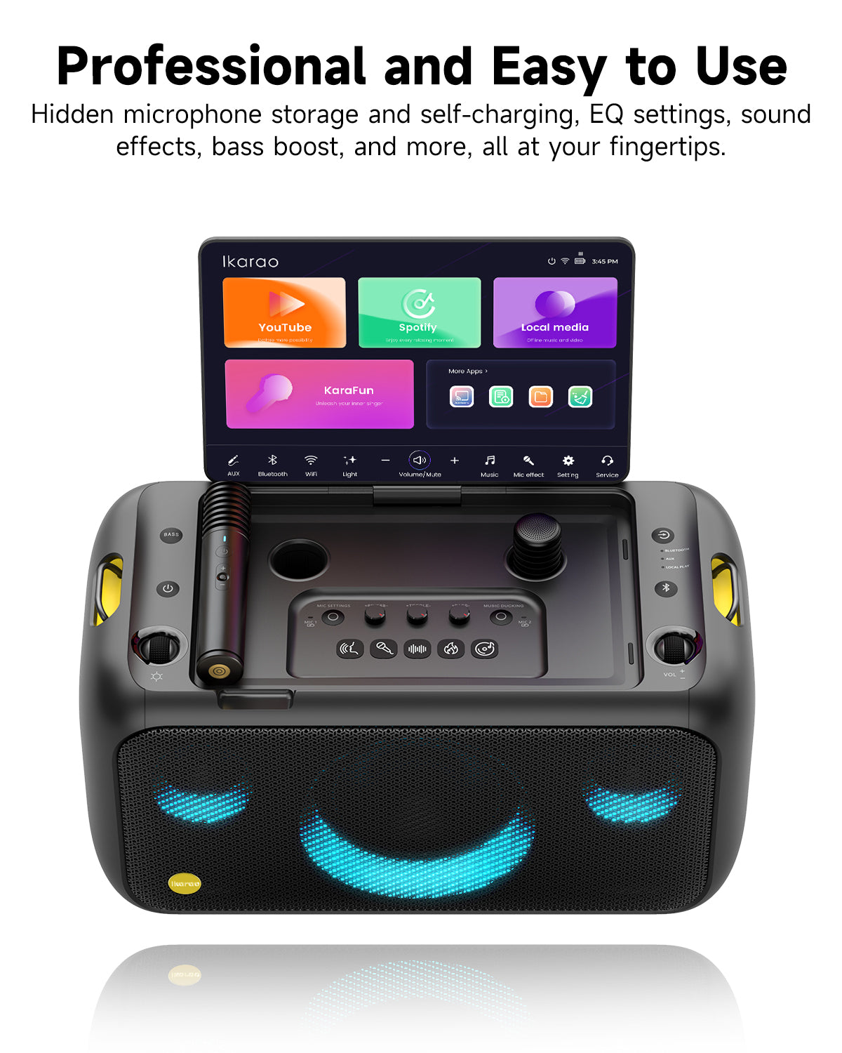 Ikarao Karaoke Machine for Adults, Built-in 13.3-inch Screen, Portable Bluetooth Speaker with 2 Wireless Mics for TV, Music Party