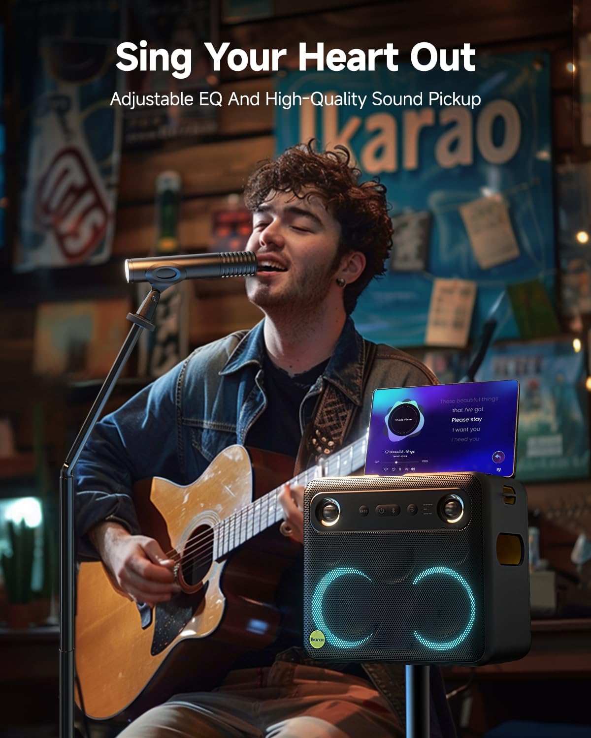 Ikarao Karaoke Machine with Mics Stand, Portable Bluetooth Speaker, 2 Wireless Mics, Lyrics Display, HDMI TV Connect, 8H Battery, Family & Travel Fun