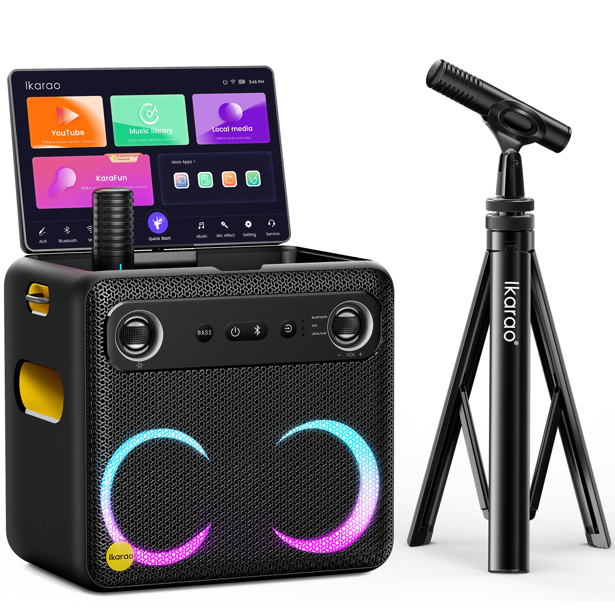 Ikarao Karaoke Machine with Mics Stand, Portable Bluetooth Speaker, 2 Wireless Mics, Lyrics Display, HDMI TV Connect, 8H Battery, Family & Travel Fun