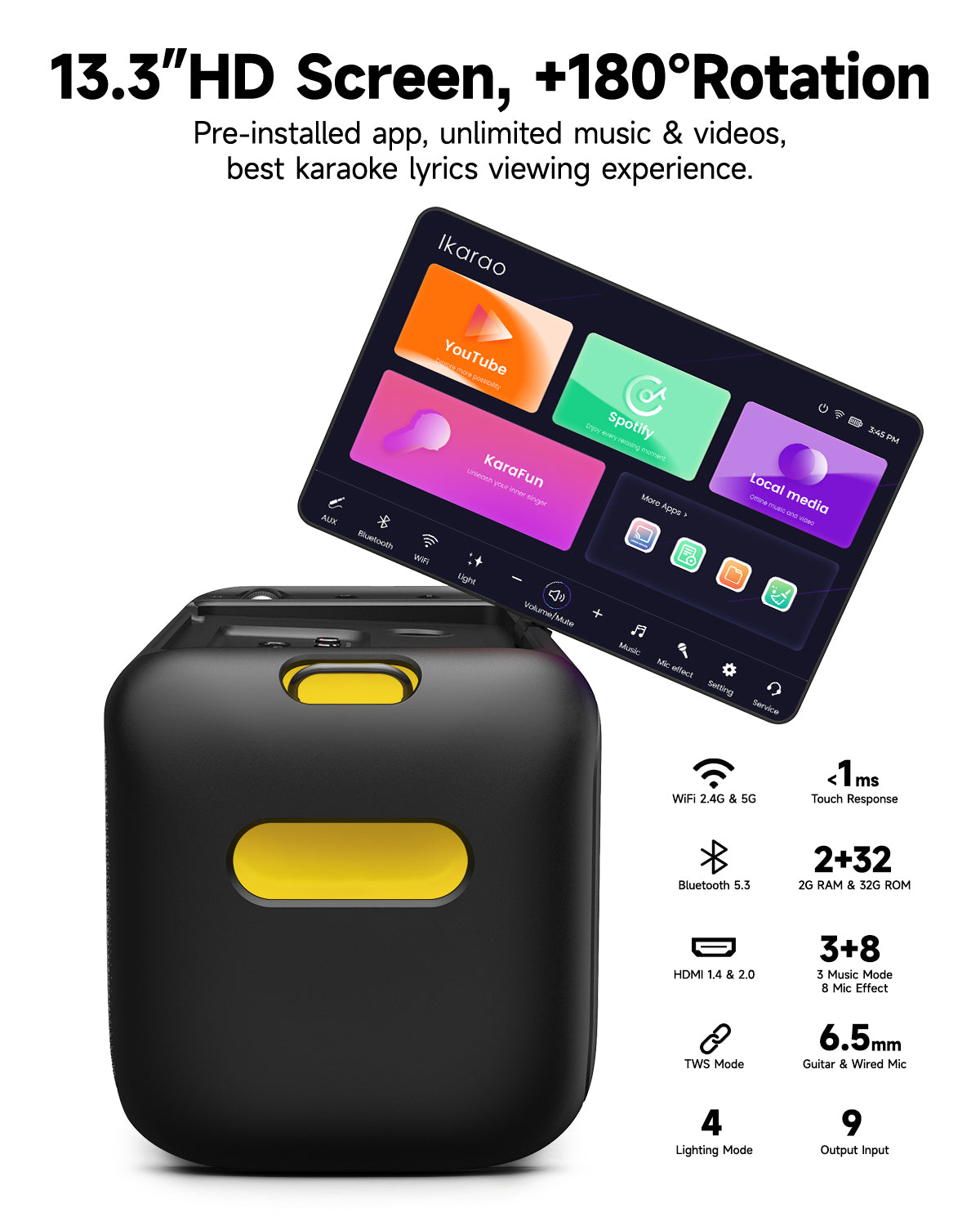Ikarao Karaoke Machine for Adults, Built-in 13.3-inch Screen, Portable Bluetooth Speaker with 2 Wireless Mics for TV, Music Party