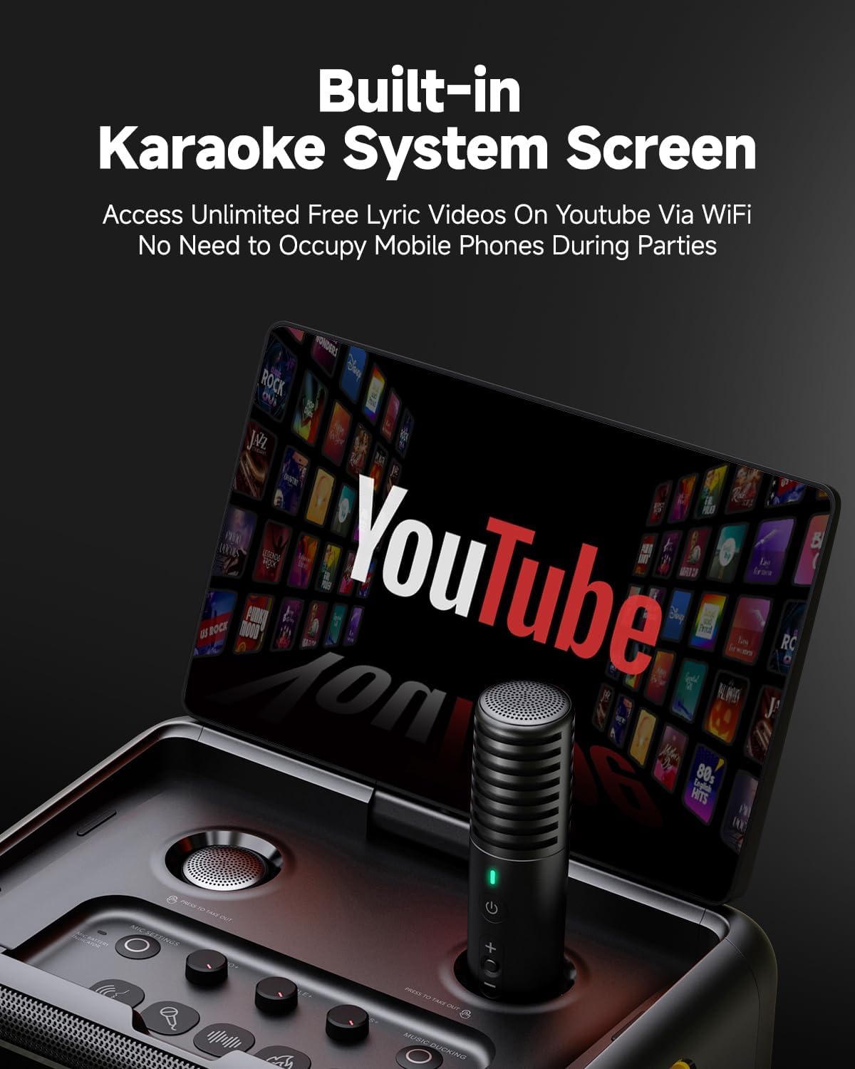 Ikarao Karaoke Machine with Mics Stand, Portable Bluetooth Speaker, 2 Wireless Mics, Lyrics Display, HDMI TV Connect, 8H Battery, Family & Travel Fun