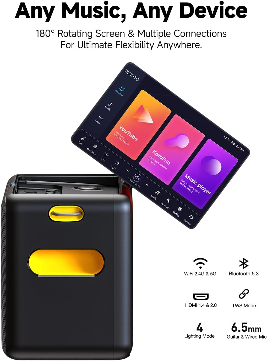 Ikarao Karaoke Machine with Mics Stand, Portable Bluetooth Speaker, 2 Wireless Mics, Lyrics Display, HDMI TV Connect, 8H Battery, Family & Travel Fun