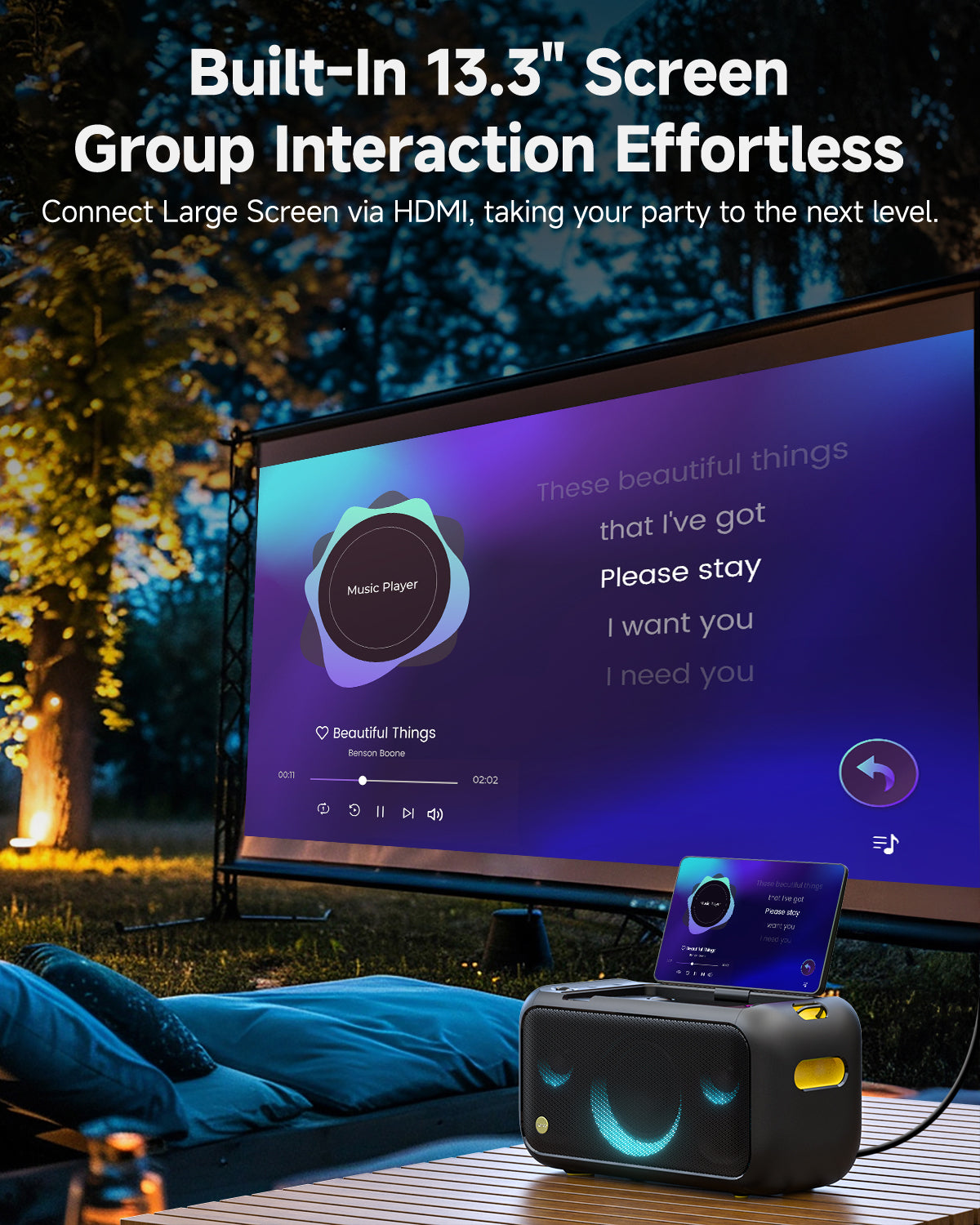 Ikarao Karaoke Machine for Adults, Built-in 13.3-inch Screen, Portable Bluetooth Speaker with 2 Wireless Mics for TV, Music Party