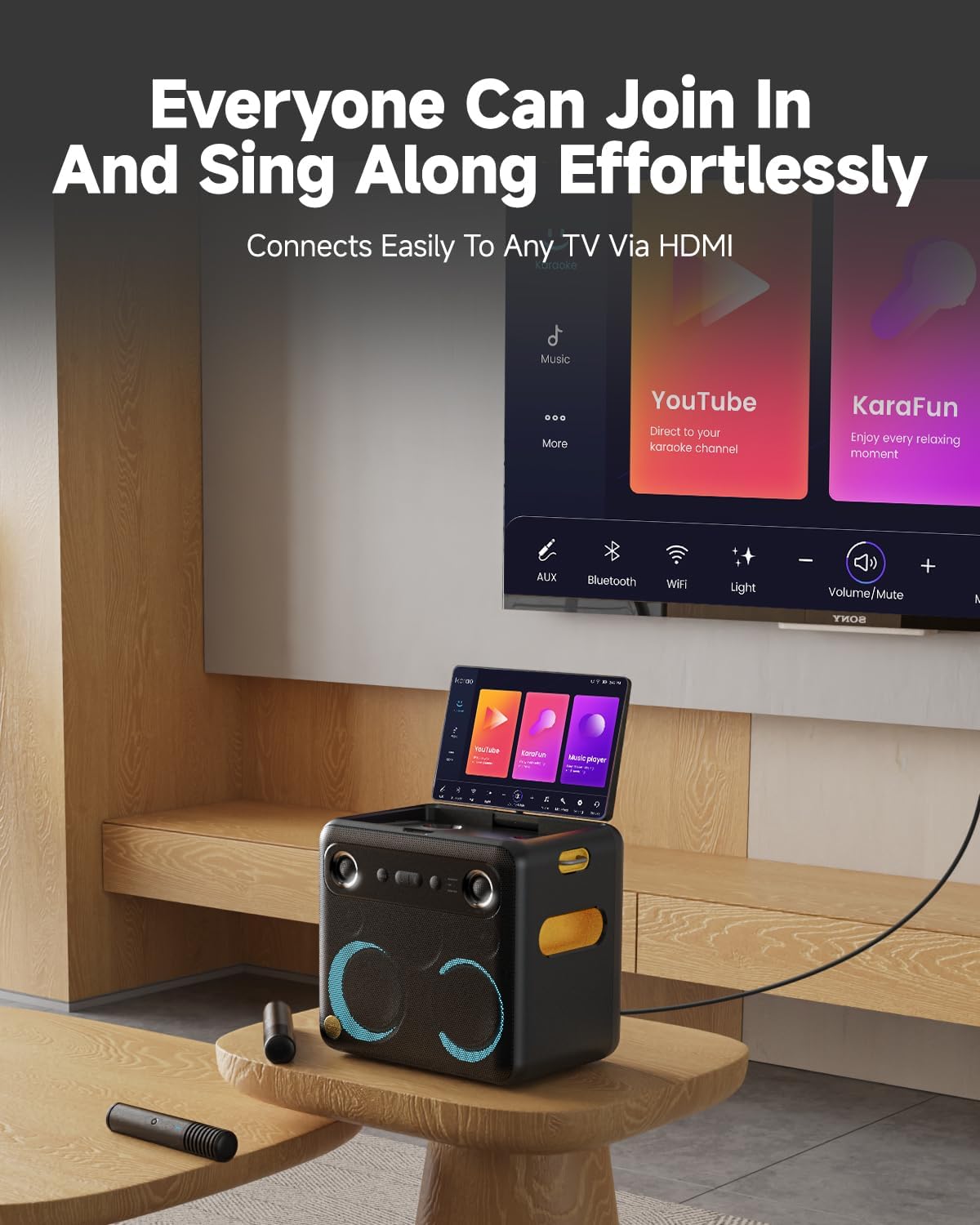 Ikarao Karaoke Machine with Mics Stand, Portable Bluetooth Speaker, 2 Wireless Mics, Lyrics Display, HDMI TV Connect, 8H Battery, Family & Travel Fun